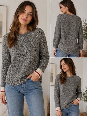 ROOTS Cabin Knit Heathered Gray Crewneck Sweater with Contrast Cuff